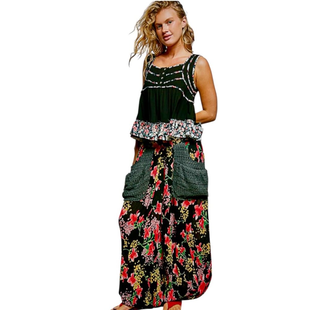 Black Flowing Square Neck Line Top With Floral Ruffled Detailed Bottom